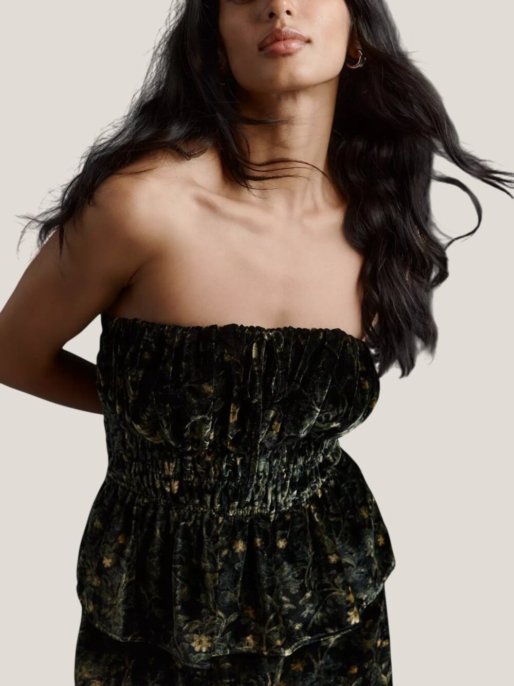 Anthropologie The Somerset Strapless Blouse Floral Velvet Green Medium